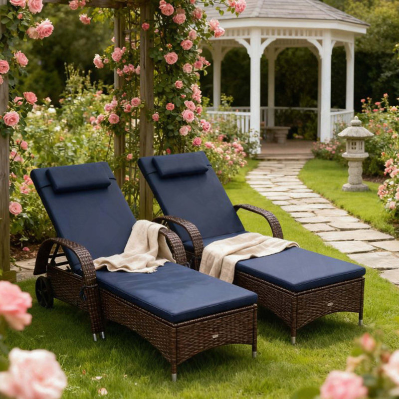 Chaise longue roulante d'extérieur avec coussin et inclinable à 5 positions (ensemble de 2)