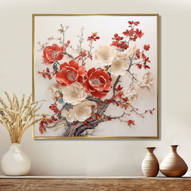 Anémone blanche et rouge, style chinois rétro - art mural floral, Toile avec cadre flottant or, H 30 po x l 30 po x P 1 po