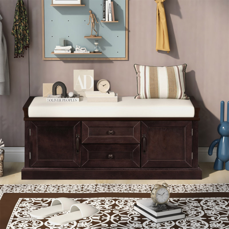 Banc de rangement avec 2 tiroirs et 2 armoires, banc à chaussures avec coussin amovible pour le salon, vestibule, Espresso