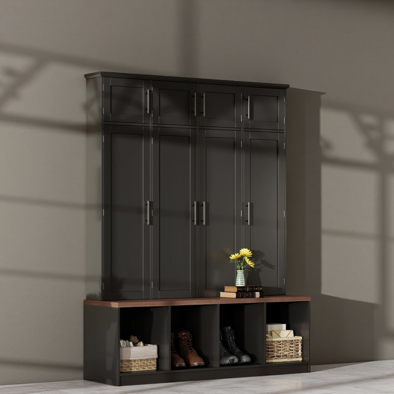 Farmhouse Hall Tree With 4 Hidden Hanging Hooks, Versatile Walnut Seating Bench With 8 Doors, Entryway Shoe Cabinet With Open Compartments