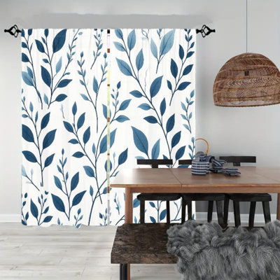 2Pcs rideaux de fenêtre à imprimé de feuilles bleues, rideaux sur le thème de la nature moderne pour le salon, la chambre, la cuisine, la poche à tringle, la décoration intérieure