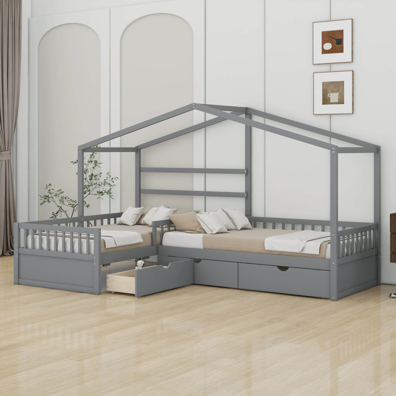 Lit plateforme simple avec trois tiroirs de rangement, Gris
