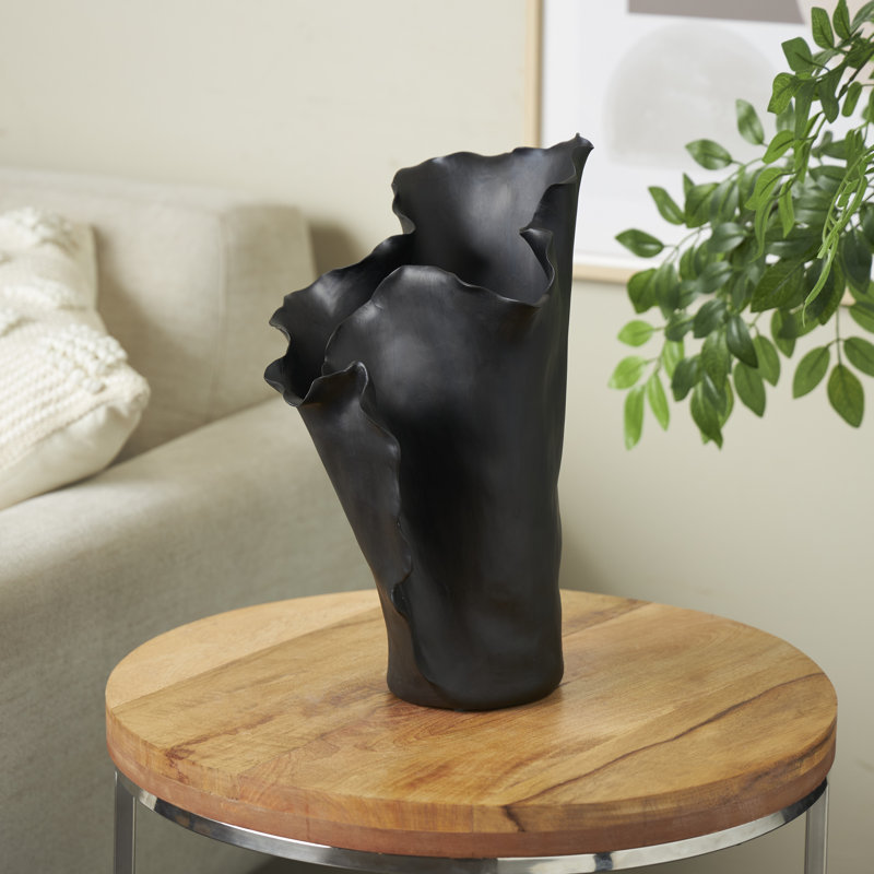 Black Ceramic Abstract Floral Inspired Decorative Vase with Wavy Folded Rim, Black