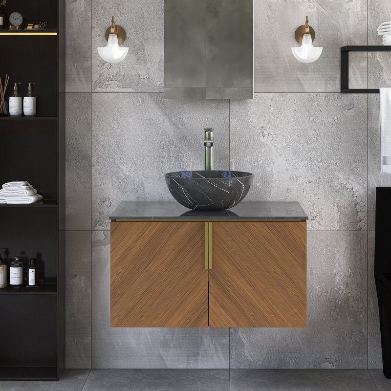 Meuble-lavabo mural simple 30 po avec comptoir en pierre frittée et lavabo en céramique