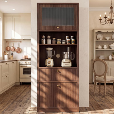 Armoire de rangement de 180 cm de haut avec 2 grands tiroirs et une étagère pour micro-ondes, meuble de rangement extra profond avec étagères réglables, porte à ouverture hydraulique, meuble autoportant pour cuisine, salle à manger, salon et salle de bain