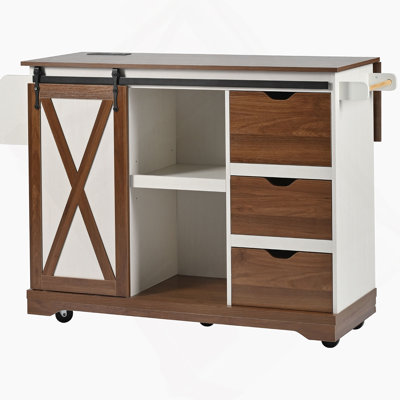 55.5" Farmhouse Kitchen Island With Drop Leaf, Kitchen Storage Island With Barn Door, Power Outlet, Rolling Kitchen Cart On Wheels With Spice Rack, For Home, Kitchen, Dining Room, White