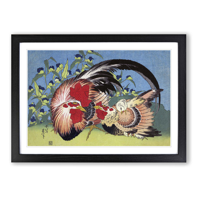 Rooster, Hen & Chicken by Katsushika Hokusai - Picture Frame Graphic Art Print, Black, 50cm H x 76cm W x 2cm D