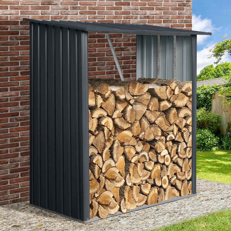 Remise de bois de chauffage en métal noir 3 pi x 5 pi - Toit incliné pour un écoulement efficace de l'eau et un rangement extérieur