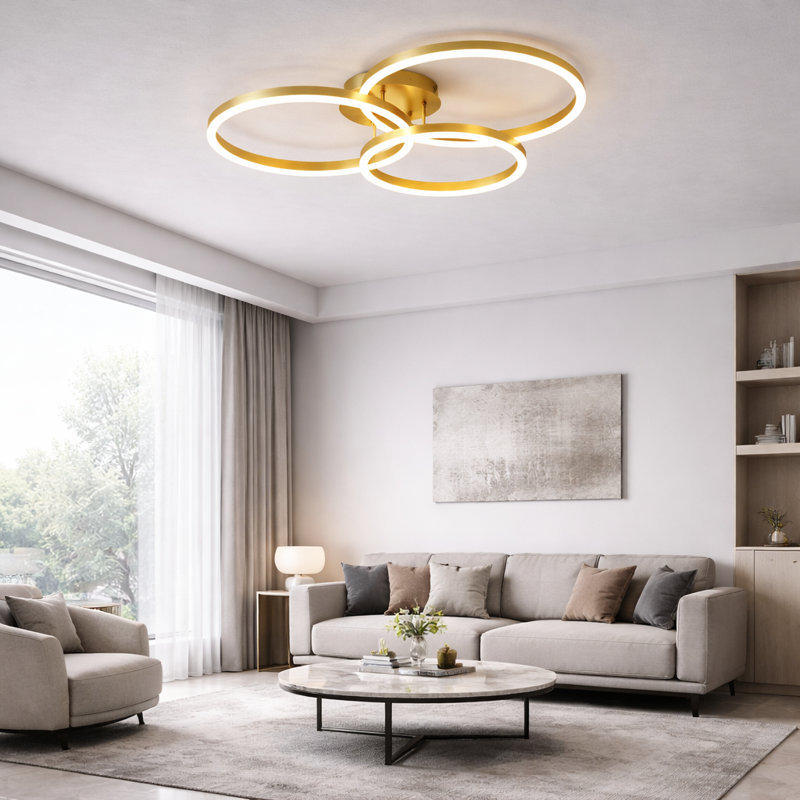 LED Semi Flush Mount 3-lights gold ceiling light with remote control