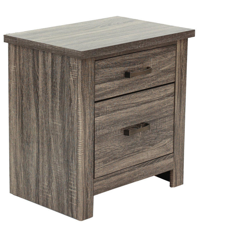 Striking Wooden Nightstand With 2 Drawers, Weathered Grey Finish, And Black Recessed Grooves For Modern Bedrooms