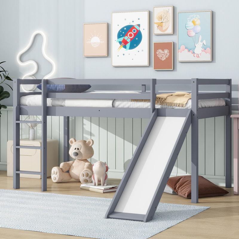 Lit simple mezzanine bas avec glissade, échelle, barrières de sécurité, lit mezzanine simple en bois d'hévéa, gris, Gris