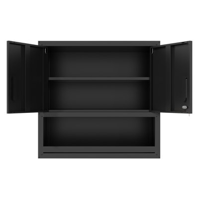 Wall - Mounted Tool Cabinet With Locking Door And 1 Shelf Opened Drawer For Garage, Home, Office Build, Rust Corrosion Resistance, Adjustable Shelf, Black, Low Maintenance Metal Storage Door,