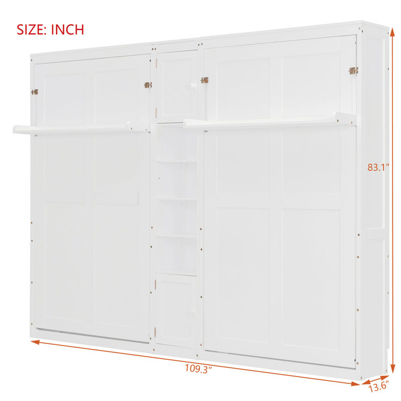 Lits simples escamotables doubles avec armoires et tablettes, blanc, Blanc