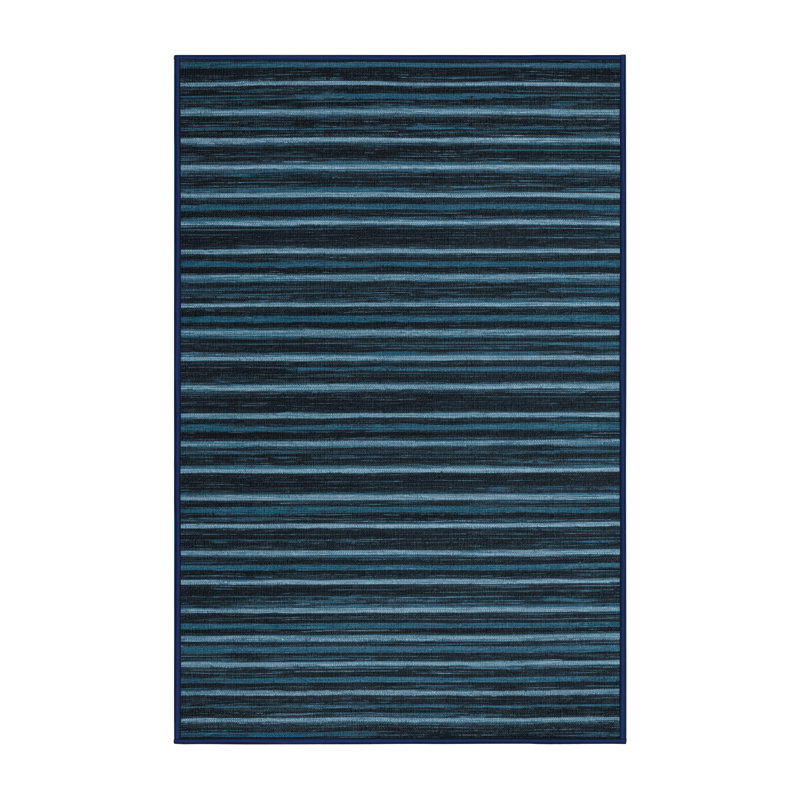 Tapis bleu à rayures horizontales lavable à la machine, Rectangulaire 2 pi x 3 pi