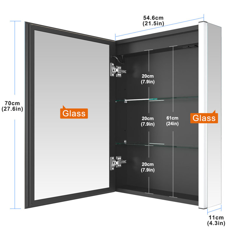 Pharmacie de salle de bain éclairée à DEL H 28 po x l 21 po avec miroir, désembueur, gradateur, prises et USB