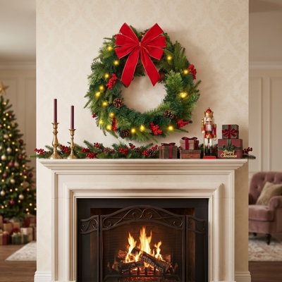 24 Inch Pre-Lit Christmas Wreath, Artificial Front Door Wreath with 50 LED Lights Timer, Pine Cones Red Berries Holly Leaves, Winter Holiday Decor for Fireplace Window Wall