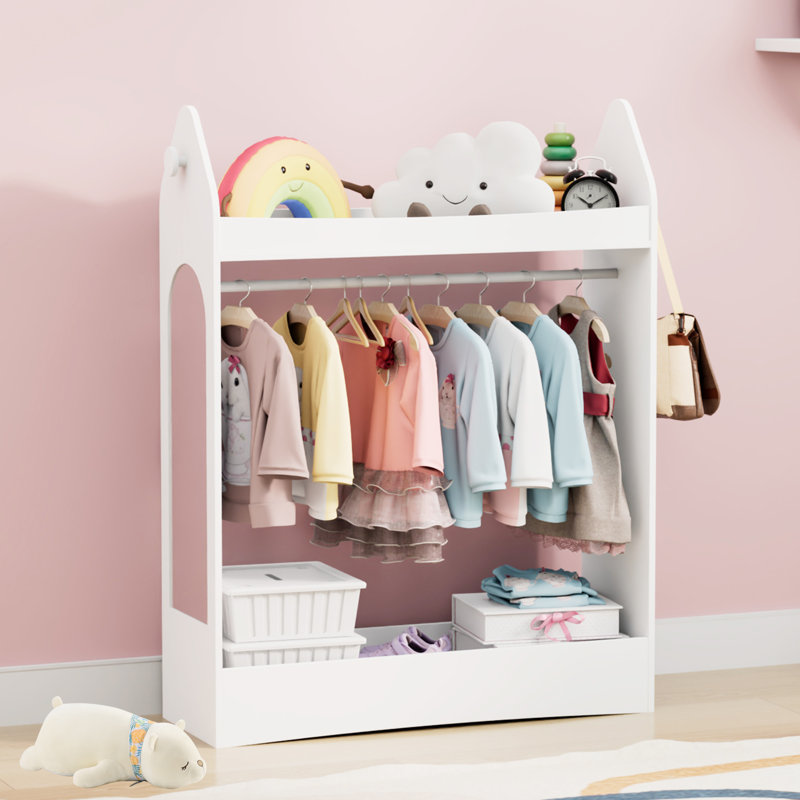 Kids Wardrobe Closet with Mirror and Storage Space, Open Hanging Armoire Closet, White