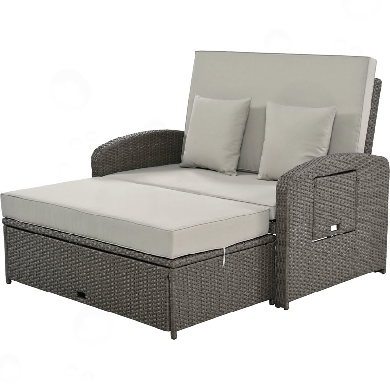 PE Wicker Rattan Double Chaise Lounge with Adjustable Back, Grey