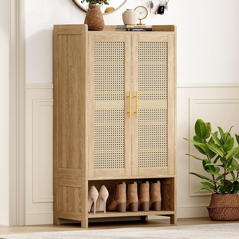 Armoire de rangement pour chaussures 6 niveaux avec 2 portes, tablettes réglables, pieds en bois, étagère à chaussures mince pour entrée, couloir, chêne naturel, hauteur