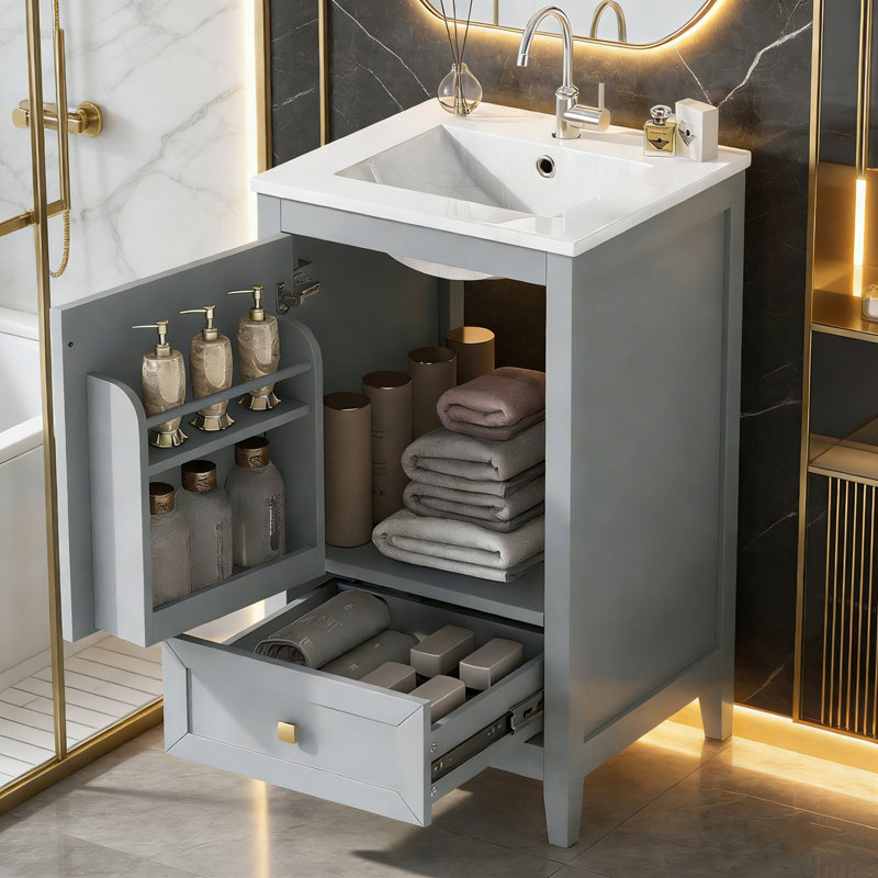 Meuble-lavabo de salle de bain avec lavabo, porte à fermeture douce, support de rangement et tiroir, Gris