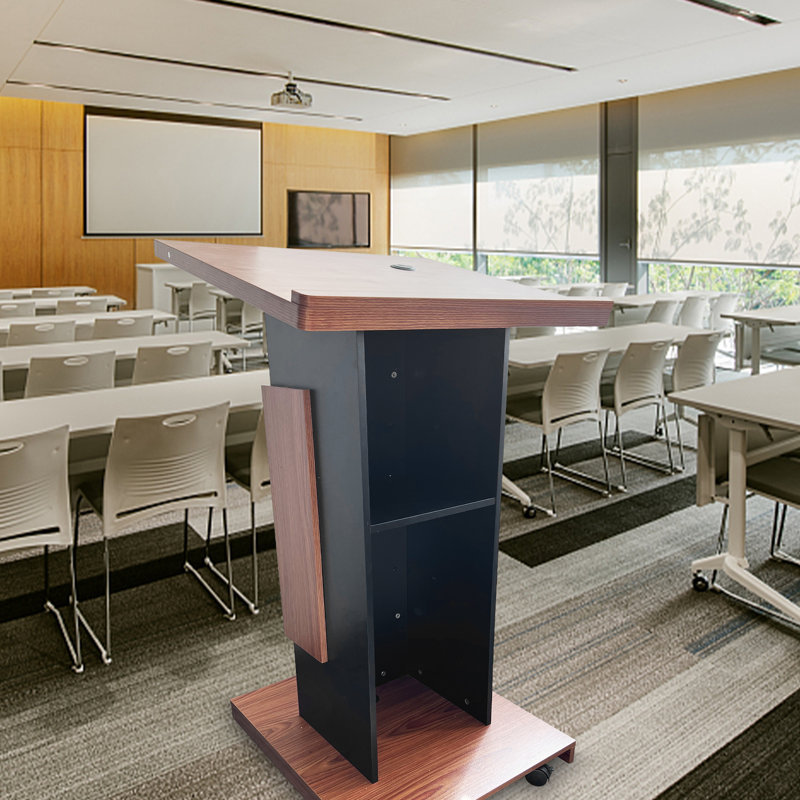 Podium en bois moderne avec étagère de rangement et roulettes, Brun et noir