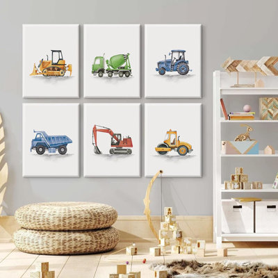 Camion, ensemble de 6 camions, toile, véhicule, toile, décoration murale, construction, aquarelle, salle de jeux, estampes, œuvre d'art, chambre à coucher, 12 x 16 pouces, encadrée