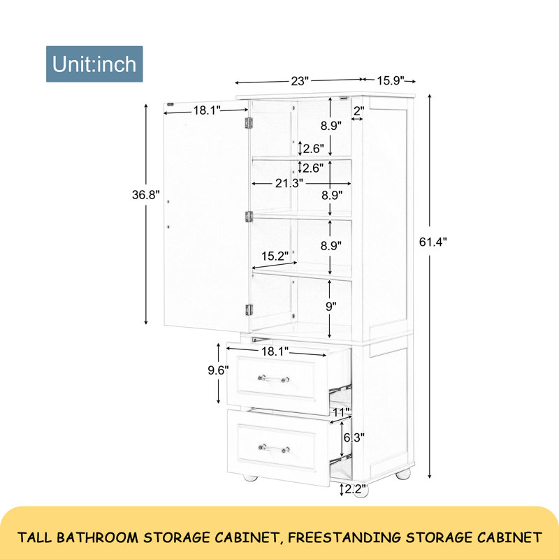 Grande armoire de rangement pour salle de bain, armoire de rangement autoportante avec deux tiroirs et tablette réglable, panneau de fibres à densité moyenne avec finition peinte, gris