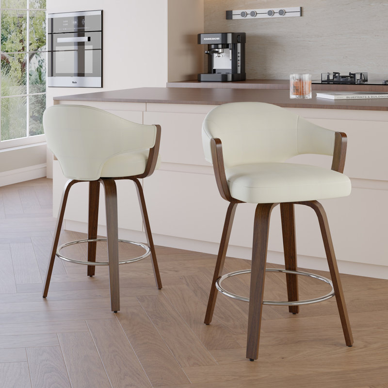 Tabouret de bar rotatif 26 po avec siège et dossier courbés, Crème