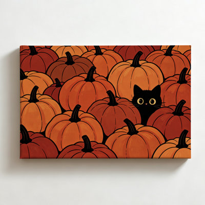 Chat noir regardant à travers des citrouilles, illustration de dessin animé, impression sur toile pour Halloween, décoration murale automnale moderne pour salon et chambre, 61 x 91 cm