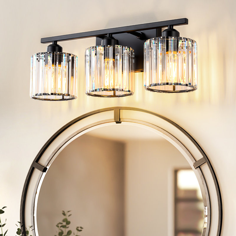 Éclairage pour meuble-lavabo 3 lumières à intensité variable avec abat-jour en verre cylindrique, Noir mat