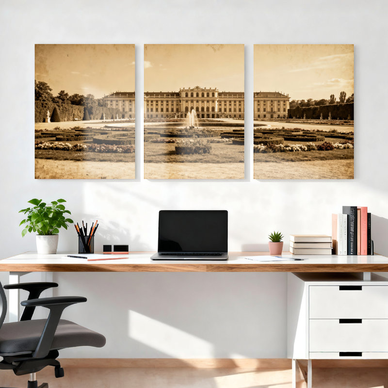 Château de château de Schonbrunn, sépia, impression sur toile tendue sur toile, ensemble de 3, H 30 po x l 60 po