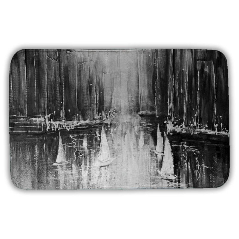 Grayscale boats on the water Bath Mat with Non-Slip Backing - Quick Dry Memory Foam Bathroom Rug - Absorbent - Modern Plush Spa-Style - Machine Washable