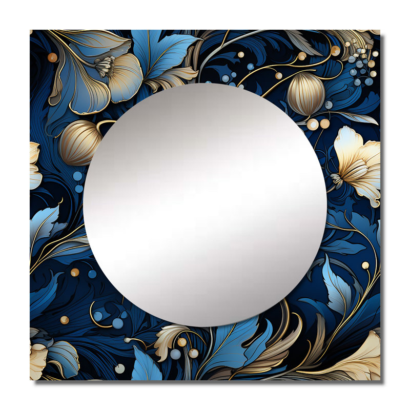 Motif victorien cobalt bleu nouveau vignes - art mural miroir floral carré pour salle de bain, 36 po x 36 po