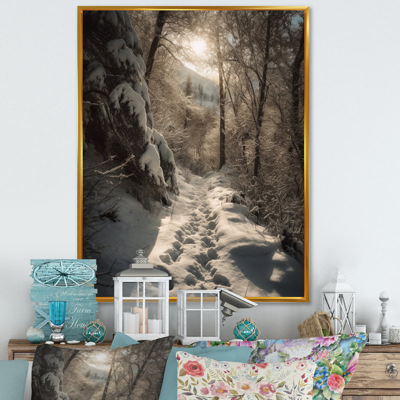 Frosty Snow Forest Path III, reproduction d'art sur toile, H 40 po x l 30 po, Cadre photo argenté