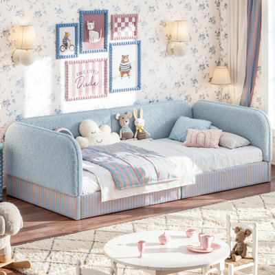 Lit simple pour enfant Montessori, lit plateforme tapissier en molleton à profil bas avec garde-corps, semi-fermé, bleu
