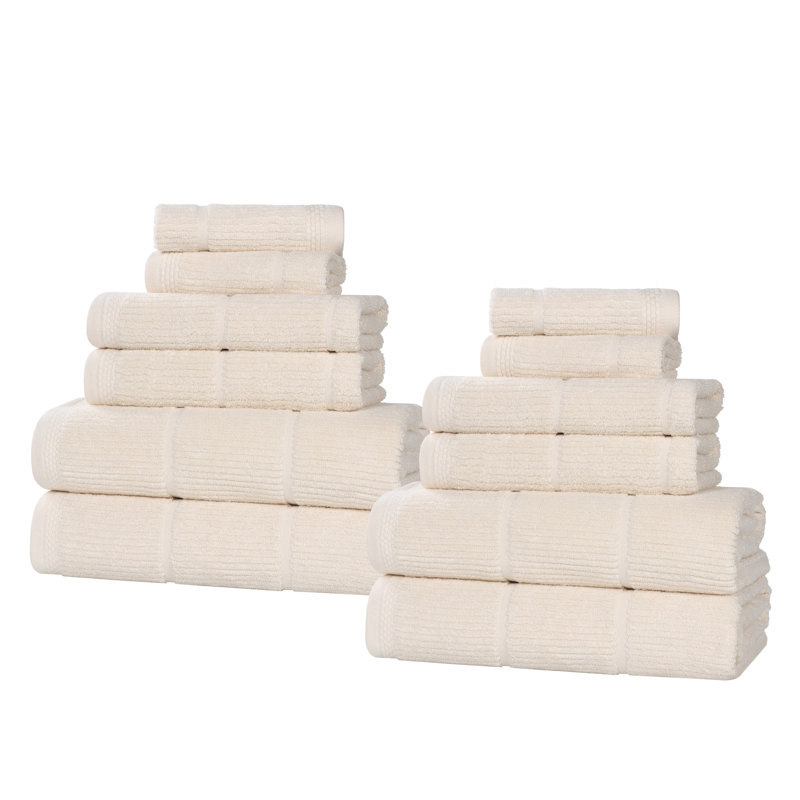 Milo Smart Twist Viscose Cotton Blend Medium Weight Quick Dry Solid Ribbed 12 Piece Bath Towel Set, 12 Piece Towel Set, Ivory
