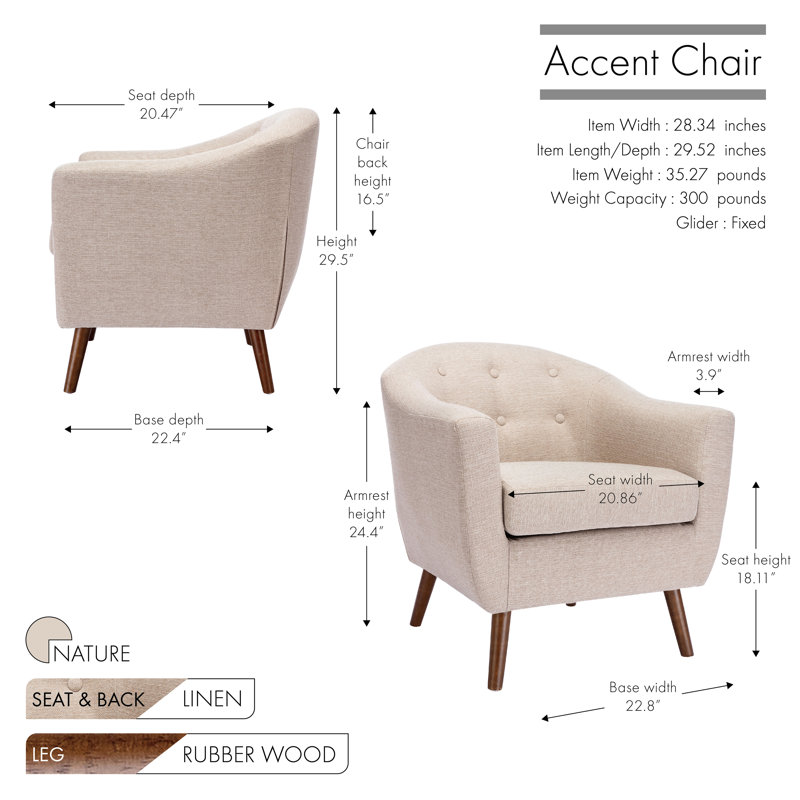 Fauteuil capitonné de 28,34 po de largeur Amedee, Nature