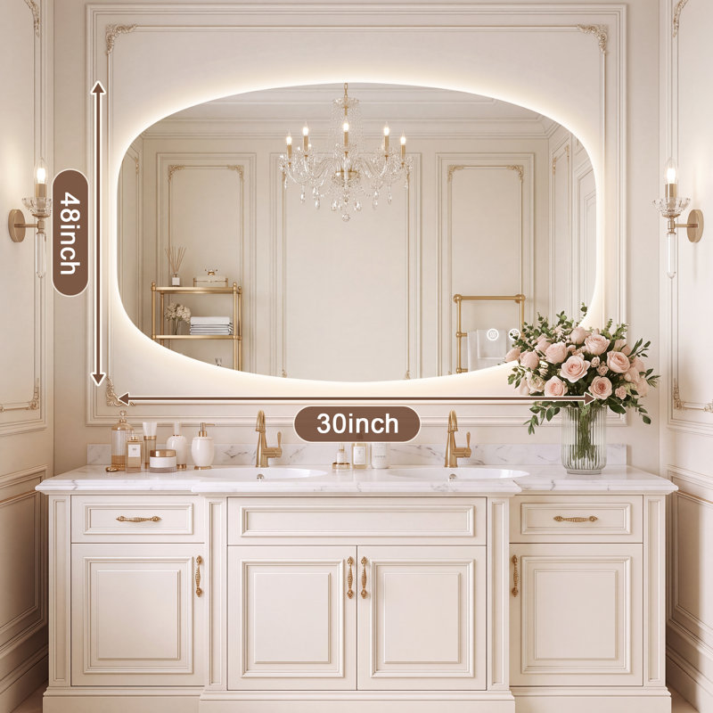 Miroir de salle de bain mural carré ovale à DEL en verre trempé anti-buée - Certifié UL, 30"*48"