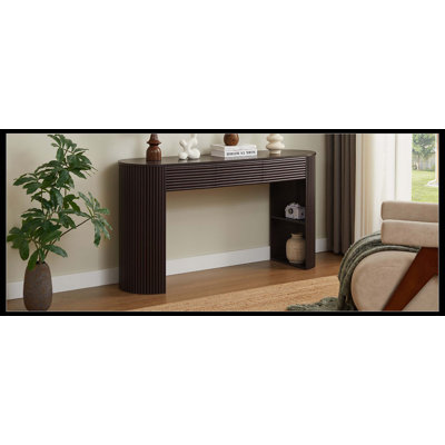 Console rétro avec espace de rangement - 3 tiroirs, 1 niche de pied de table, esthétique à lattes rondes, idéale pour les entrées, les salons et les couloirs, finition espresso