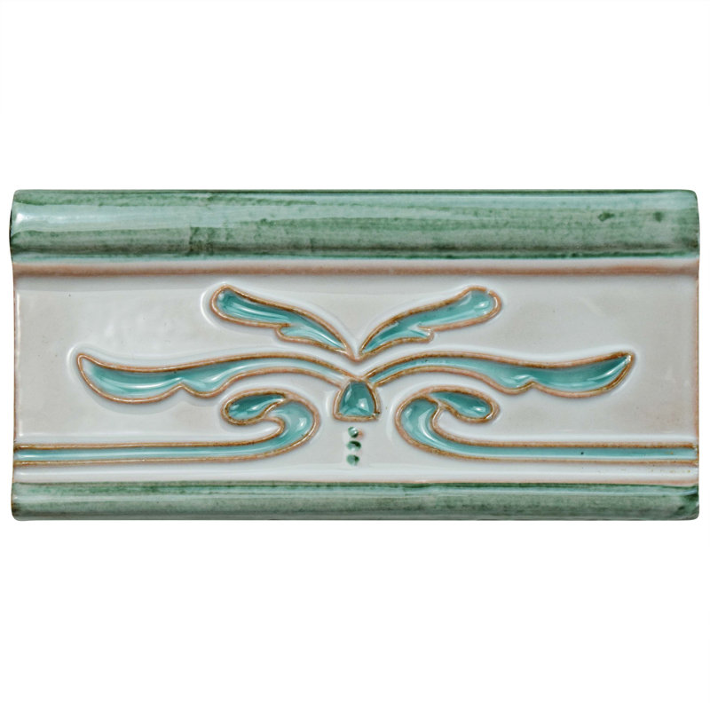 Novecento Cenefa Evoli 5.1" x 2.6" Glossy Ceramic Bullnose Tile Trim, White/Aqua
