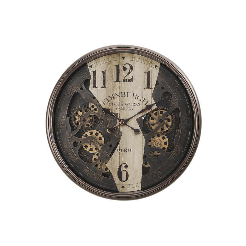 Horloge, horloge murale ronde 30 po, mécanisme d'engrenage, brun, transitionnel