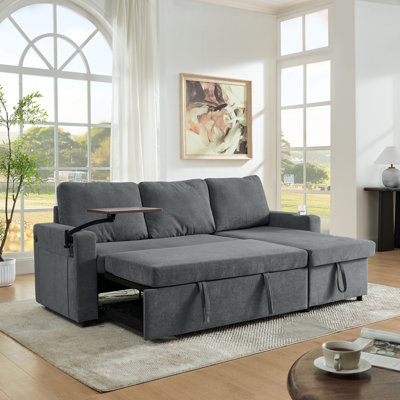 Modern Chenille Multi-functional Pull-Out Bed Sofa with Retractable Table and LED Lighting USB Charging Ports and Cup Holders