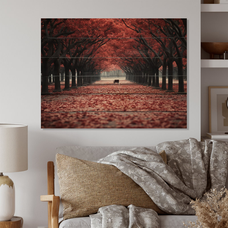 Arbre rouge et gris Solitude III sur bois, H 10 po x l 20 po x P 0,78 po