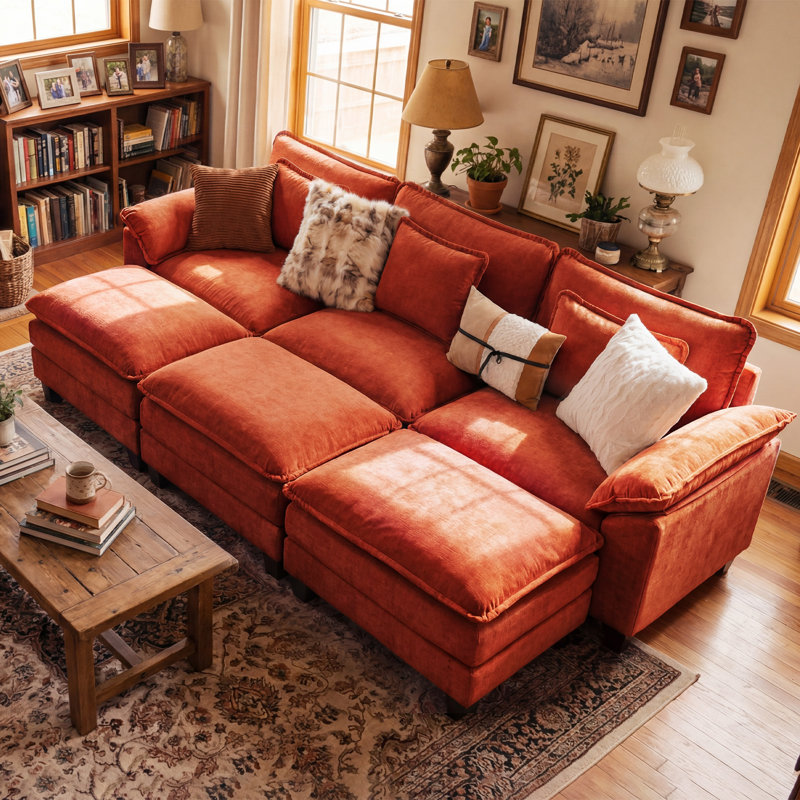 Brazell 120" W U-Shaped Modular Sectional Sofa With Deep Seat, Cloud Couch With Three Ottomans & Removable Cushions-Orange