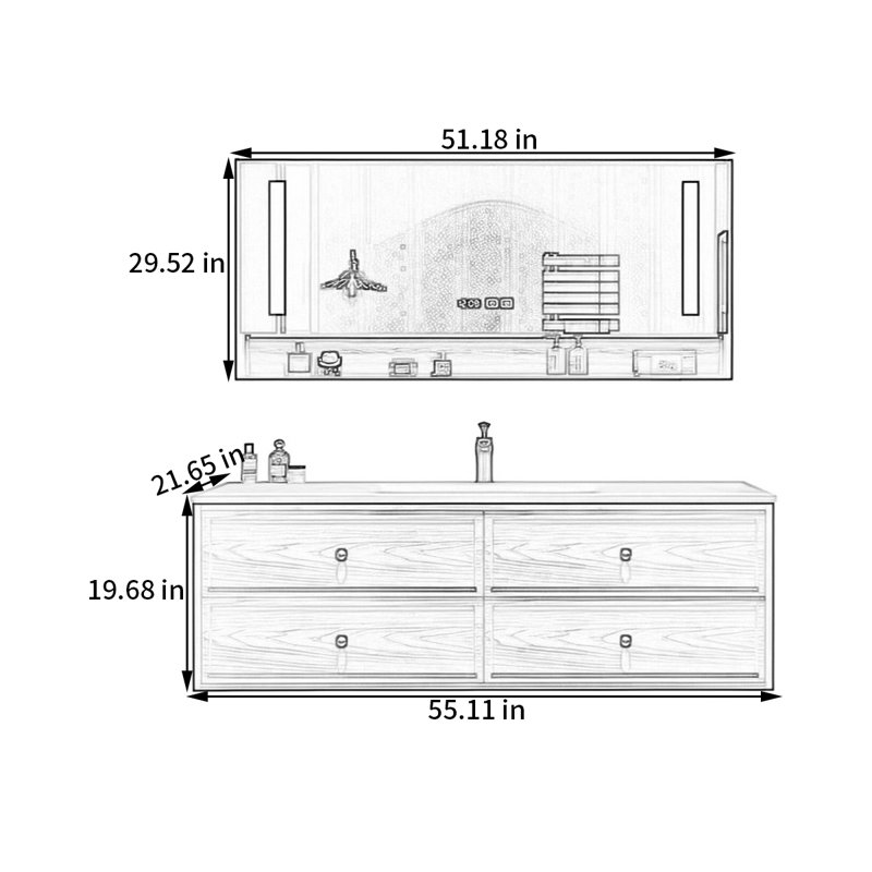 Armoire de salle de bain de style moyen-antique, H 19,68 po x l 55,11 po x P 21,65 po