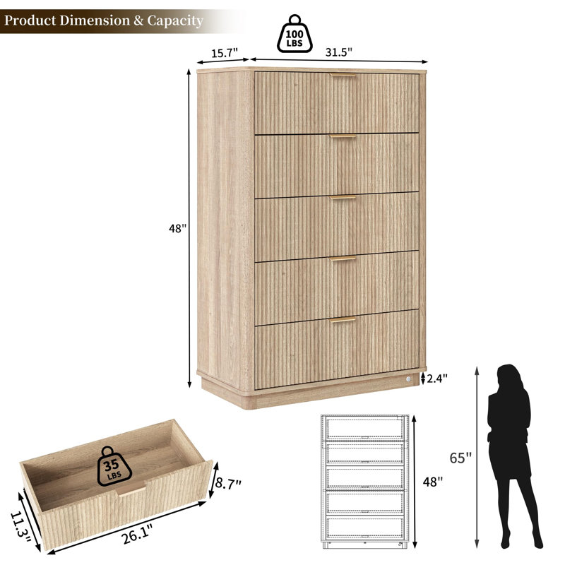 Commode cannelée de 31,5 po de largeur avec éclairage et commode pour chambre à coucher avec 5 tiroirs, Jaune