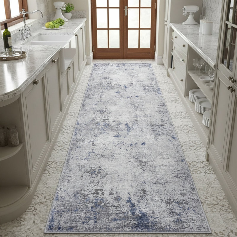 MARFI Collection Silver / Blue Abstract Doormat Rug, Runner 2'2" x 8'