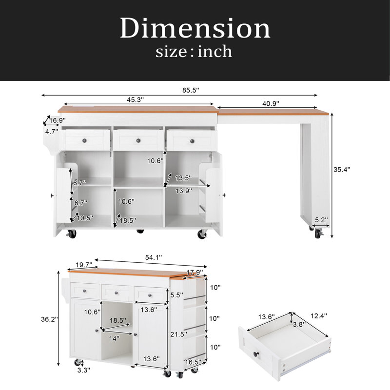 85.5" Kitchen Island With Extendable Dining Table, Kitchen Storage Table With 3 Side Open Shelves, Rolling Kitchen Island With Power Outlet, 3 Drawers, 2 Doors, For Kitchen, Dining Room