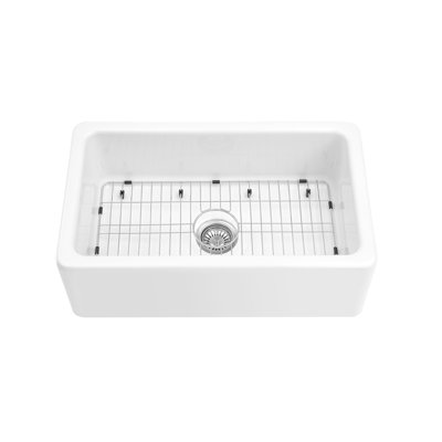 ELLAI Farmhouse Sink 30 Inch Fireclay Apron Front Single Bowl Deep Drop In Kitchen Sink Undermount Farm Sink with Bottom Grid & Strainer, 30”x18”x10”