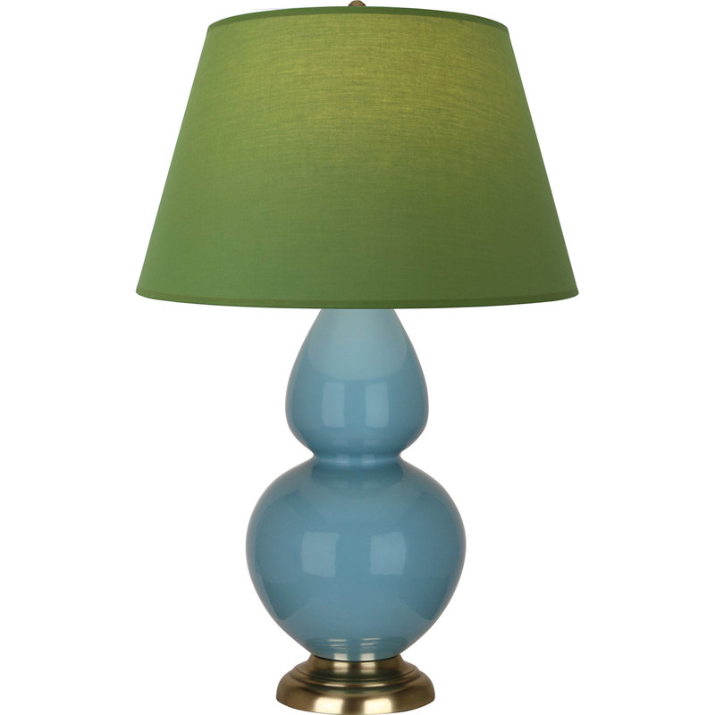 Lampe de table double gourde en céramique, Thé vert / taupe, Bleu acier émaillé / laiton, Laiton